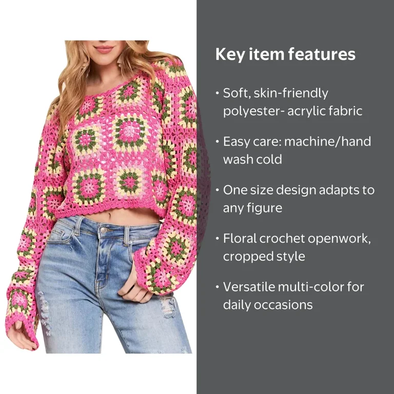 Womens Crochet Tops Flower Square Knitted Pullover Hollow Out Long
