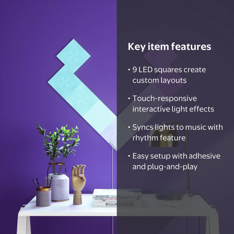 Nanoleaf Canvas Smarter Kit, RGB LED Square Wall Light Panels, 9