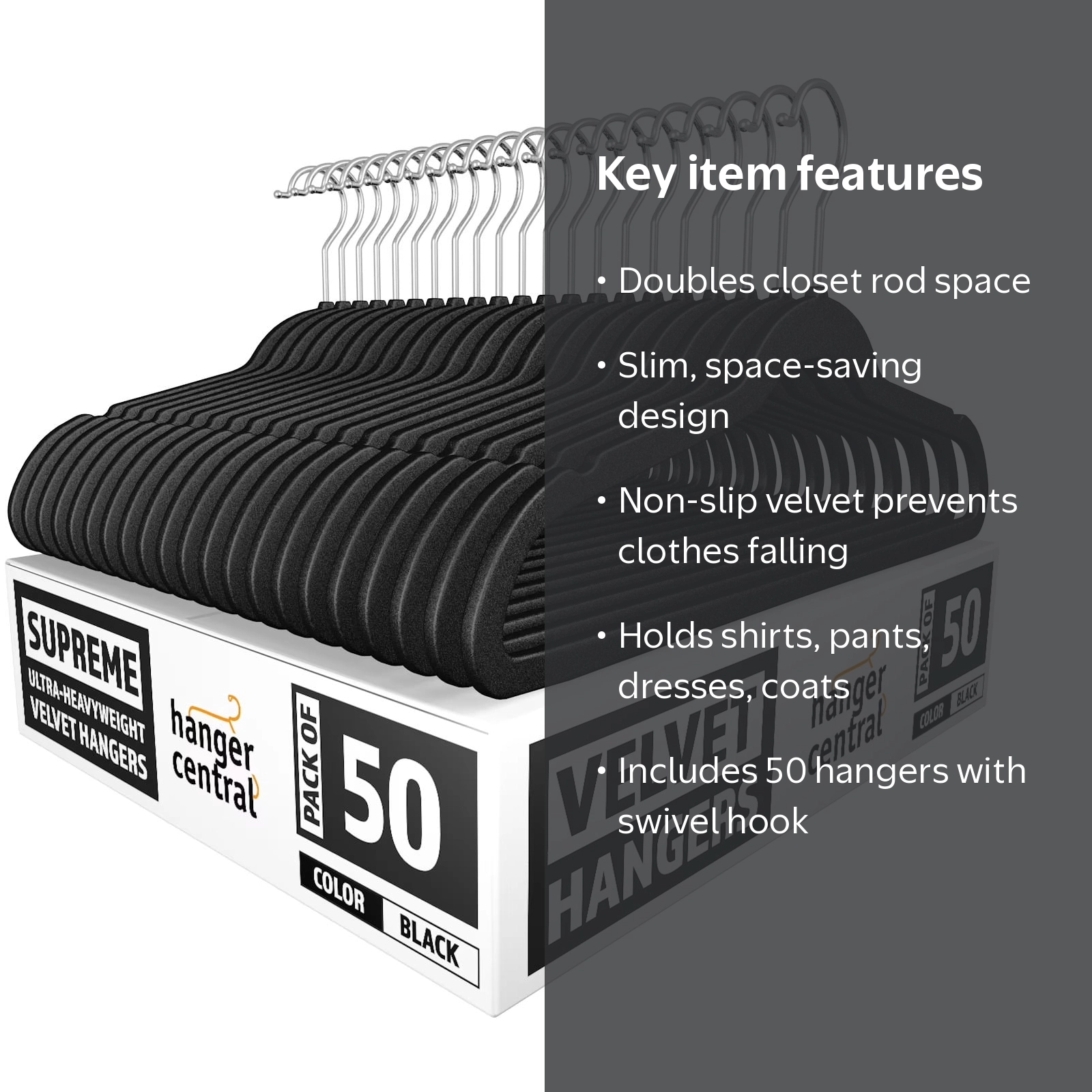Hanger Central 50 pack 17 Inch Black Velvet Clothes Hangers with