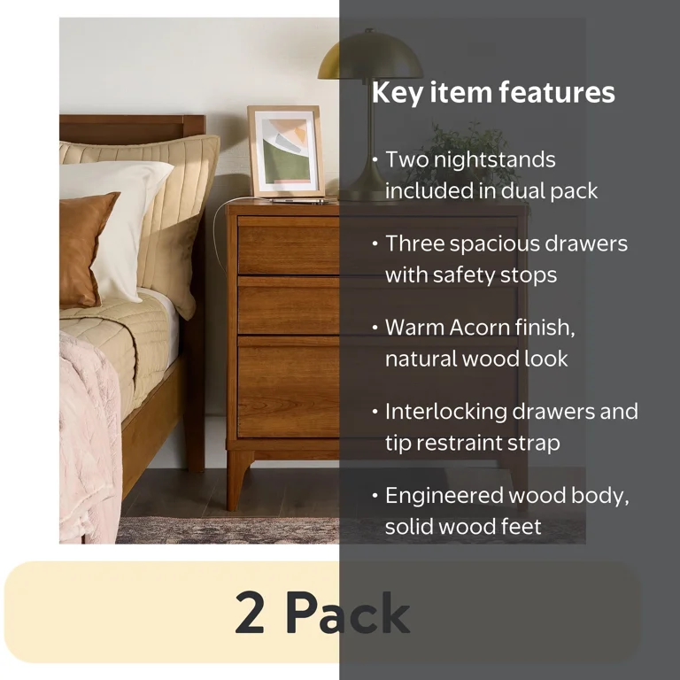2 pack) Better Homes & Gardens Greyson 3-Drawer Nightstand, Acorn