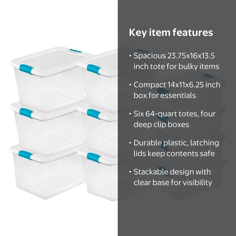 Sterilite 64 Qt Latching Storage Tote Box 6pk + Deep Clip Box 4pk