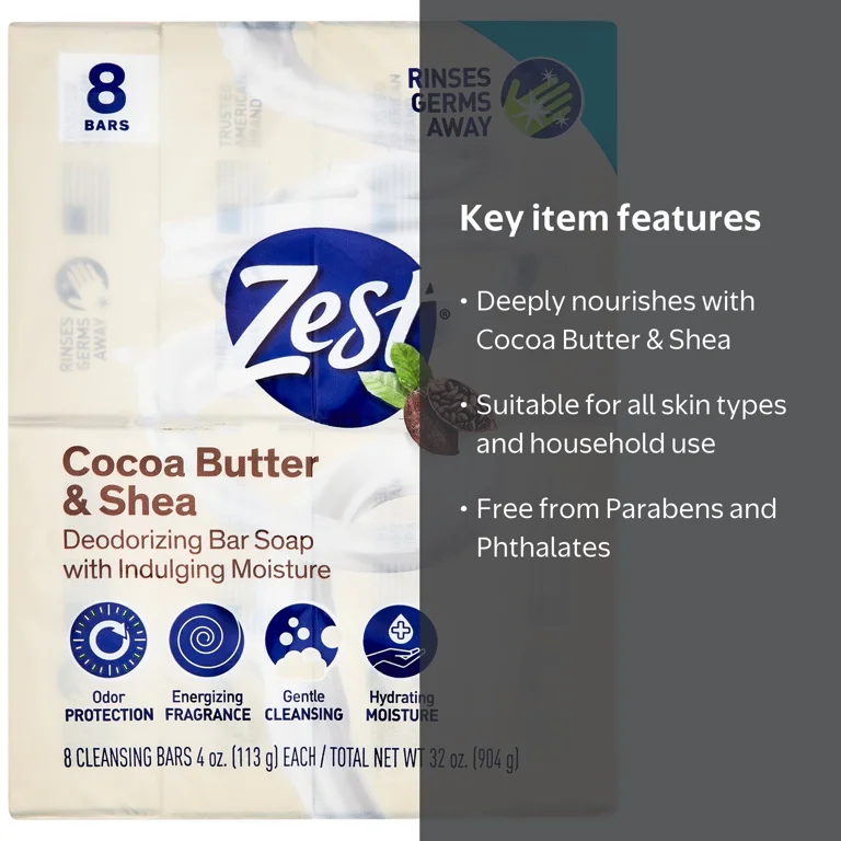 Zest Cocoa Butter & Shea Bar Soap for All Skin Types, 4 oz, 8 Bars