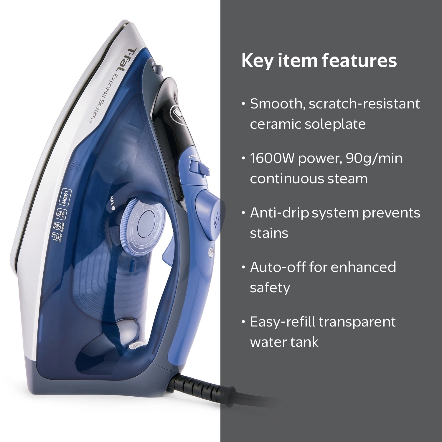 T-fal, Steam Iron, Durilium AirGlide Soleplate, Dark Blue