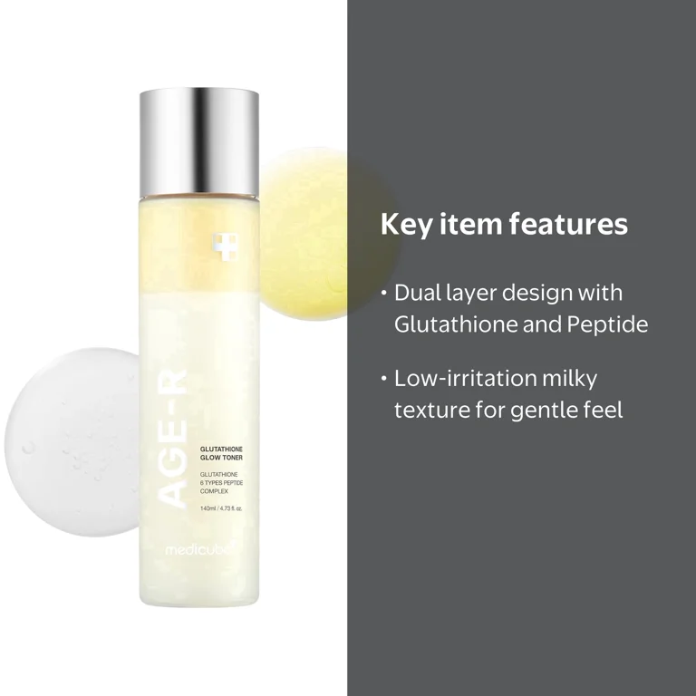 medicube age-r glutathione glow toner ingredients - Radiance Boosting Toner Peptide make your skin firm and boost natural skin radiance Experience the synergy of Glutathione essence layer and Peptide cream layer to boost the skin radiance and make even skin tone. Medicube Age-R Glutathione Glow Toner,