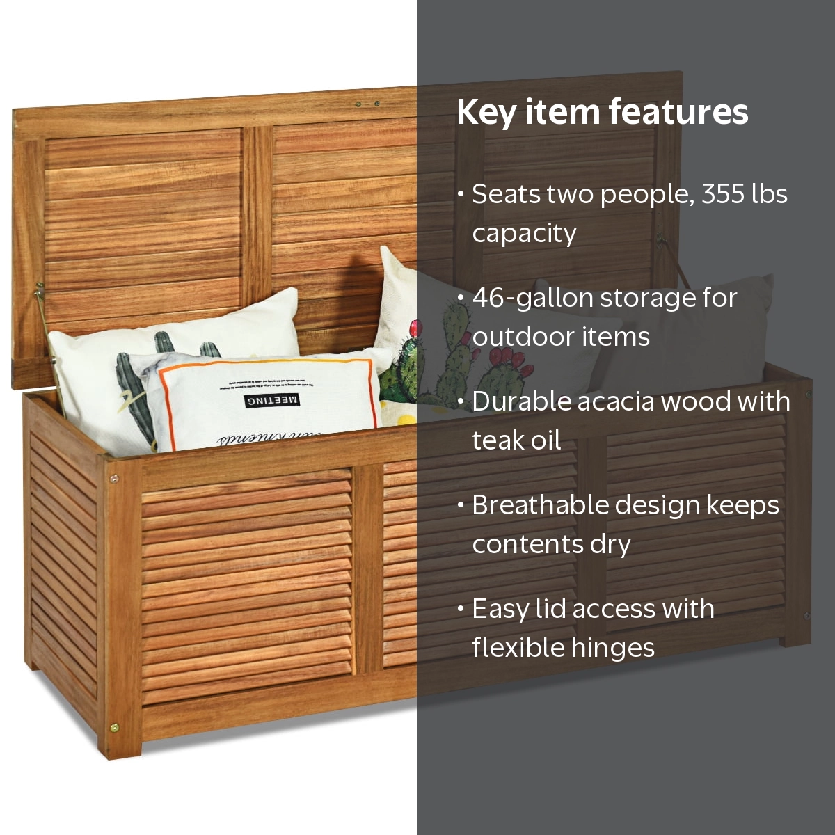 Costway, Deck Storage Bench, 46 Gallon, Acacia Wood, Beige