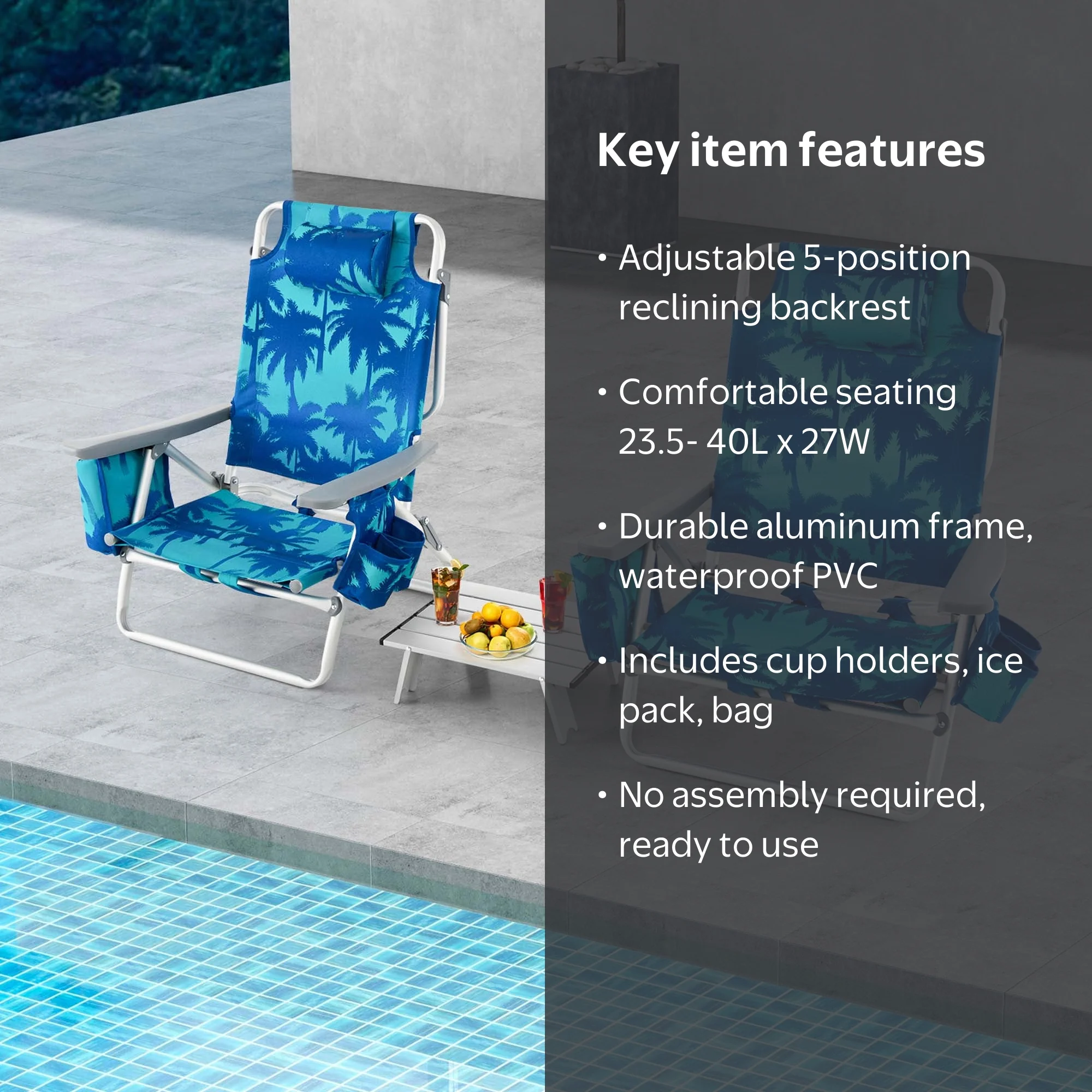 Costway, Folding Beach Chair Set, Navy, 2-Pack with Side Table