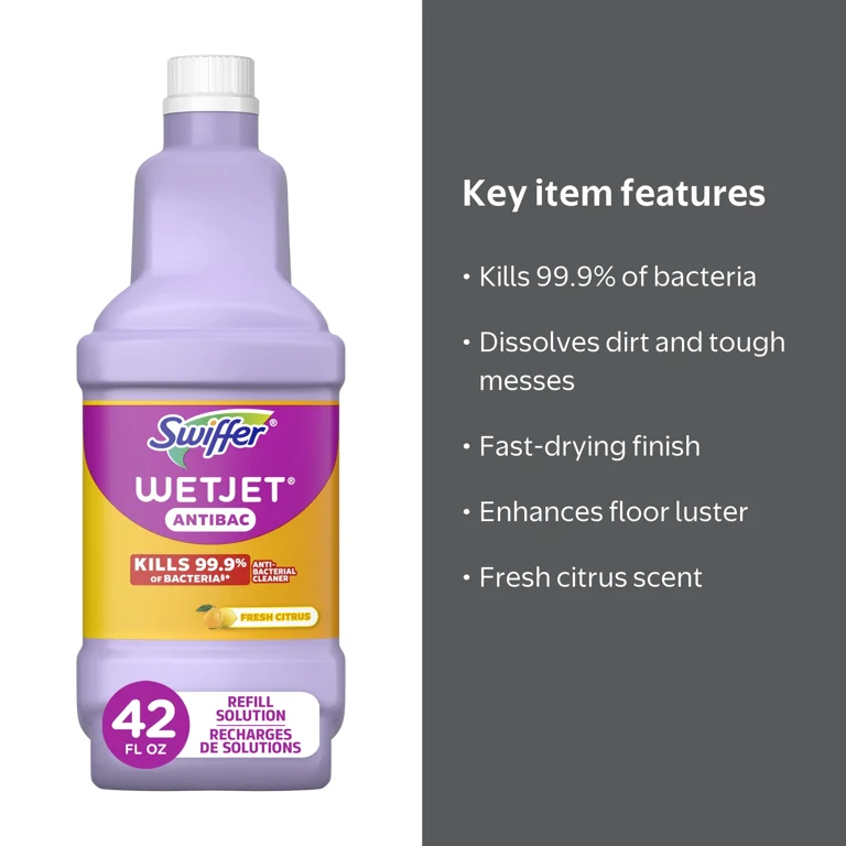 Swiffer, WetJet Mop Refill Solution, 42.2oz, Antibacterial Citrus