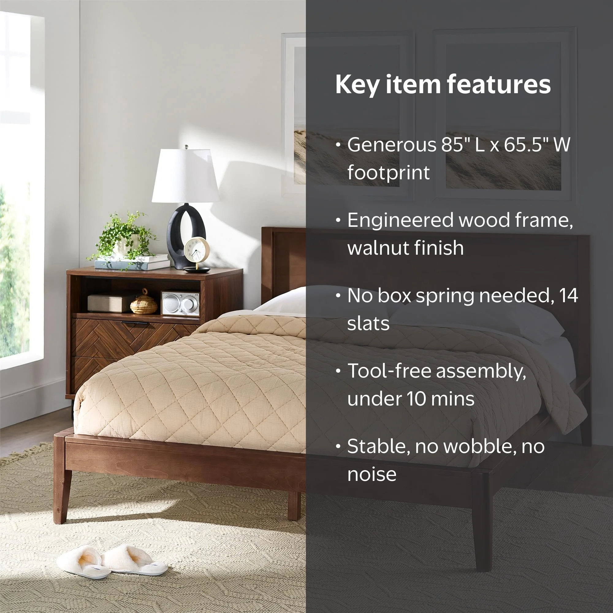 Better Homes & Gardens Ezra No Tool Solid Wood Bed, Queen, Walnut
