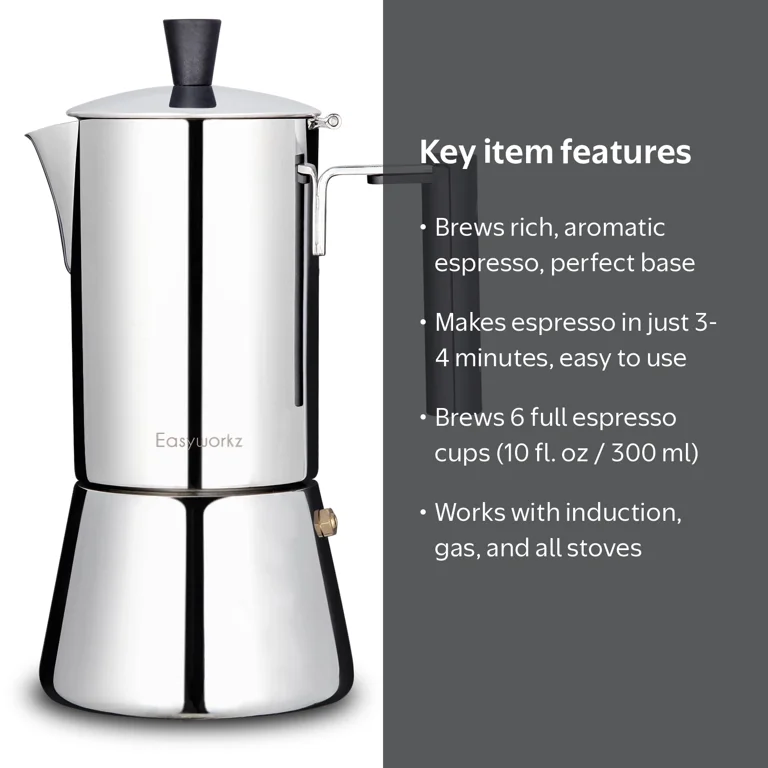 mokaページ Easyworkz, Stovetop Espresso Maker, 6 Cup, Stainless Steel 10 oz