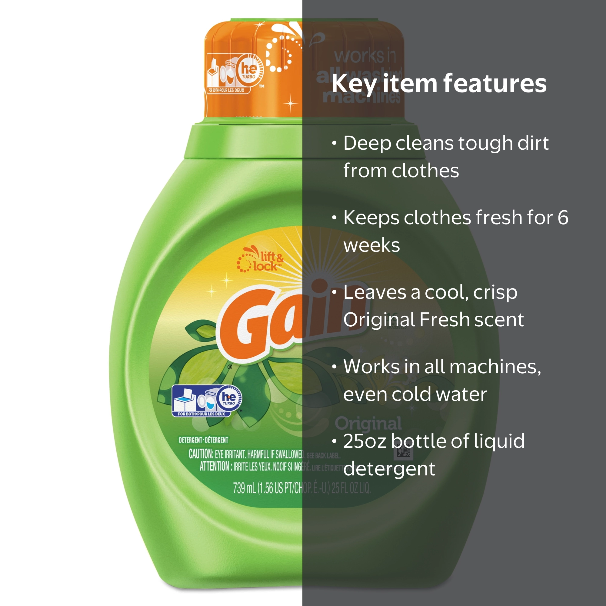 Gain Liquid Laundry Detergent Original Fresh 25oz Bottle keeps
