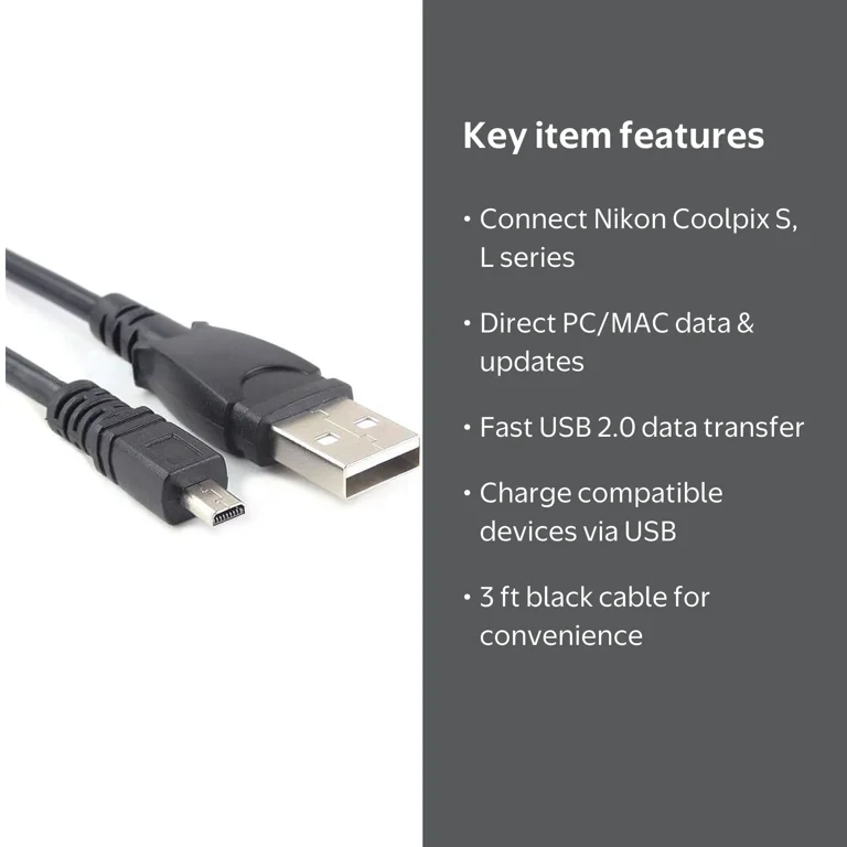 USB Cable for Nikon Coolpix S9500, S4300, S4300, S3300, L19, L21