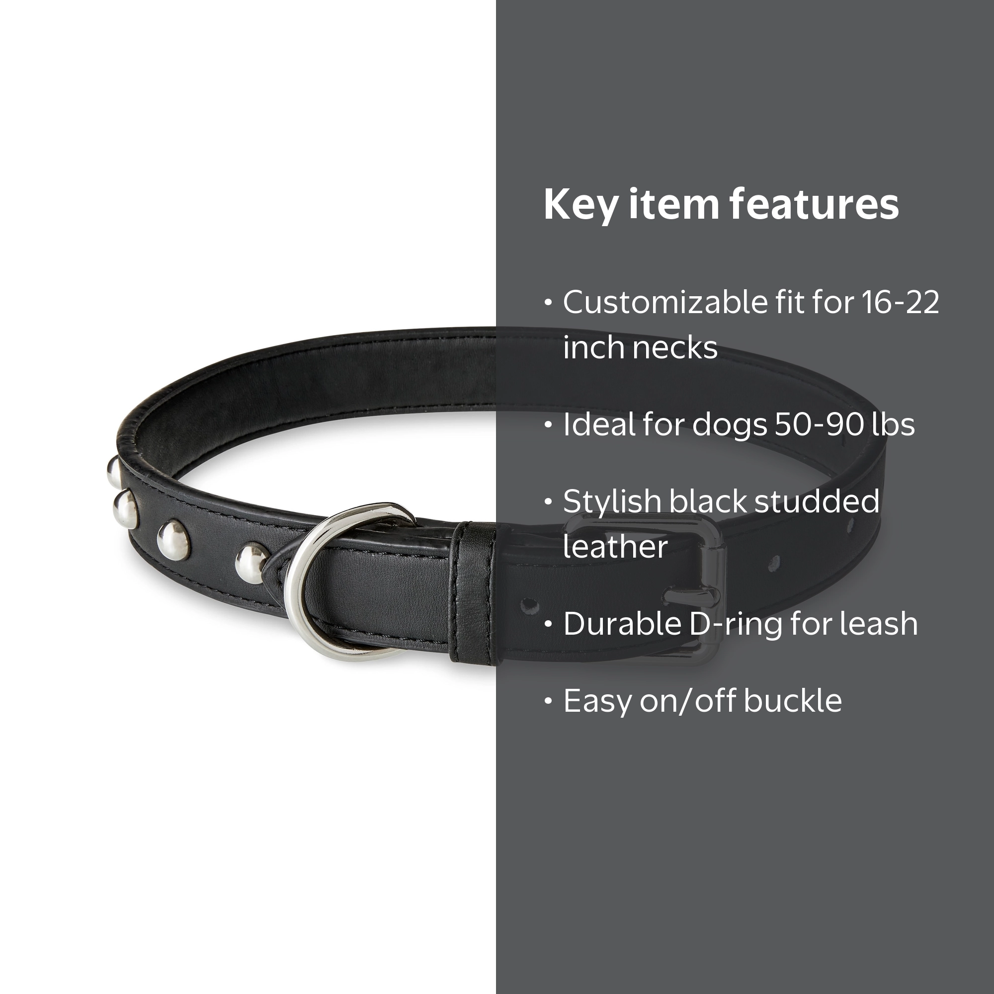 Vibrant Life Black Leather Large Dog Collar with Gold Studs