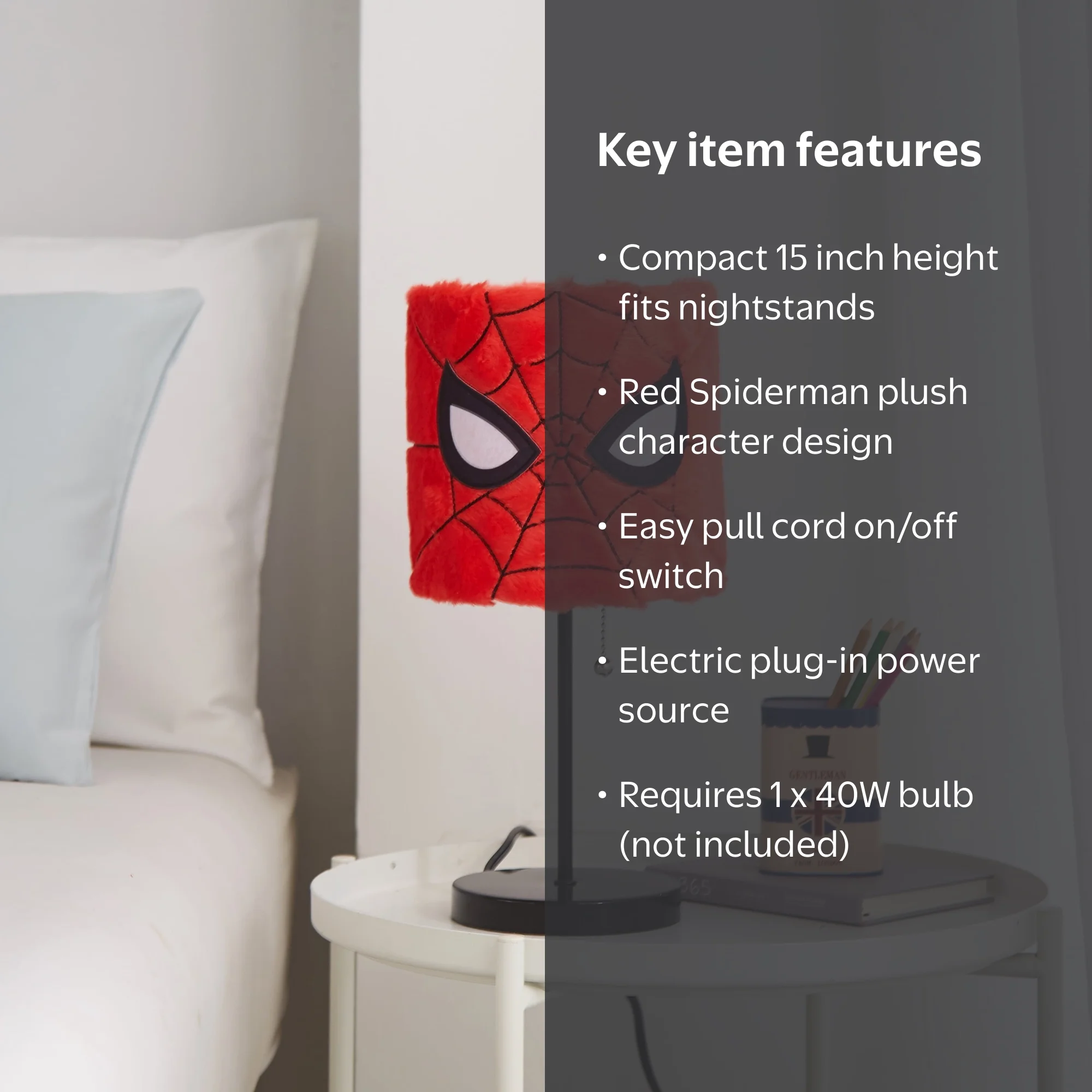 Marvel Spiderman Soft Plush Kids' Table Stick Lamp Light, 15
