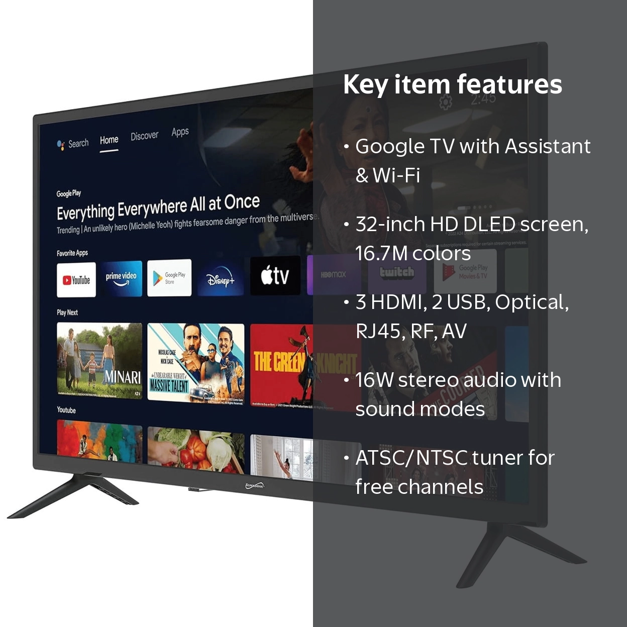 Supersonic, Smart Google TV, 32-inch FHD, WiFi, HDMI, USB, 1080p