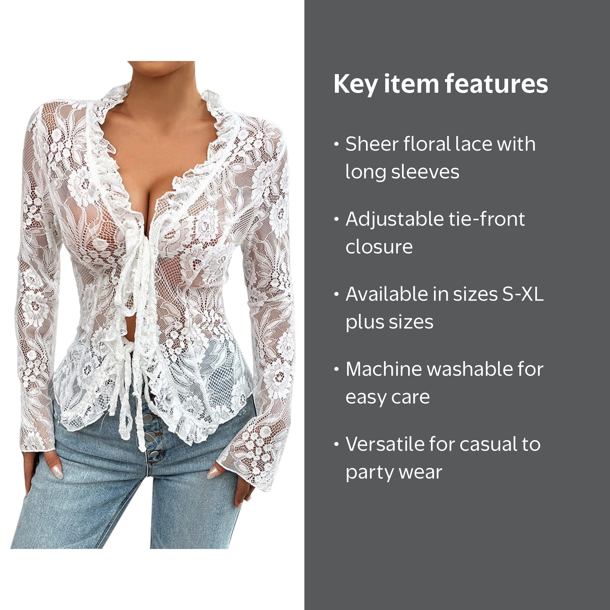 DuoJiaJ Mesh Long Sleeve Lace Tops For Women Sexy Tie Up Front