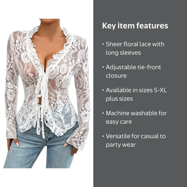 DuoJiaJ Mesh Long Sleeve Lace Tops For Women Sexy Tie Up Front