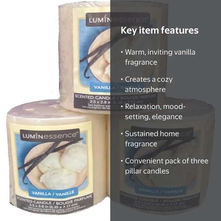 Luminessence Set of Three Vanilla Scented Pillar Candles, 2.5 in