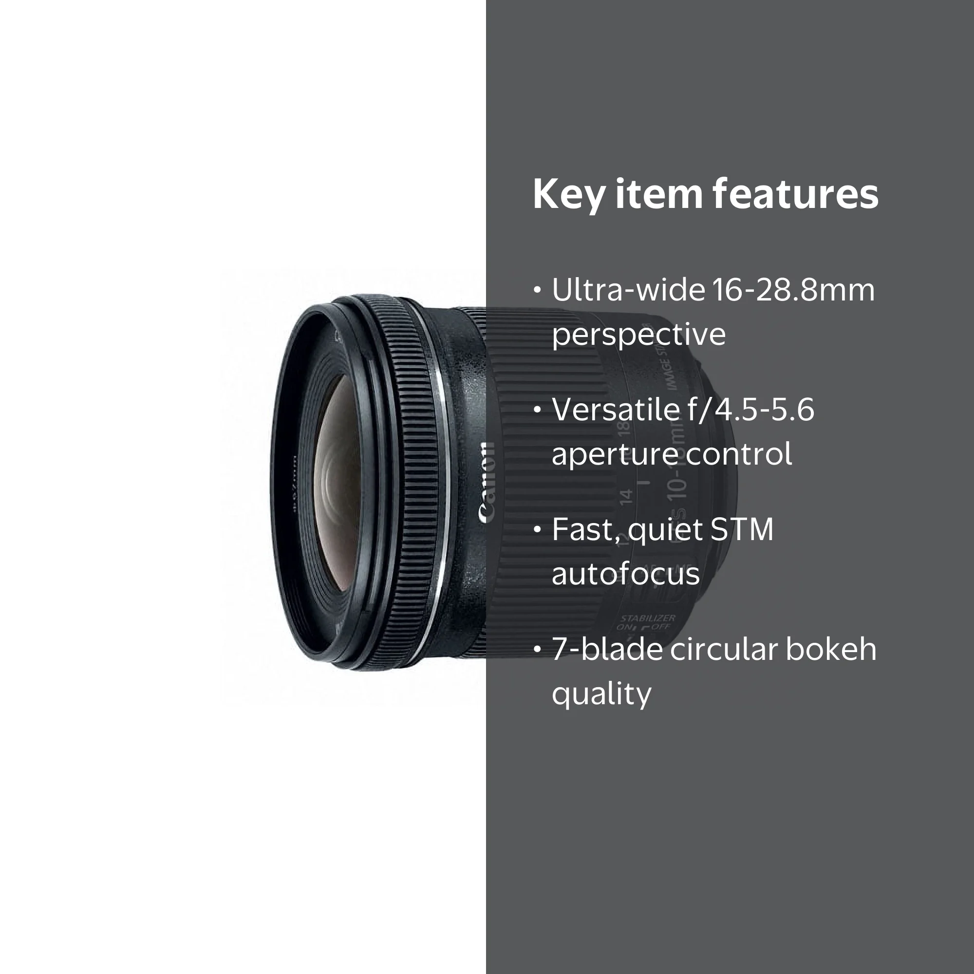 Canon, Lens, EF-S 10-18mm f/4.5-5.6 IS STM, Wide-Angle Compact