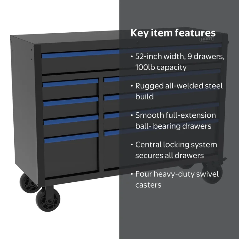 HART 52-Inch 9-Drawer Heavy-Duty Steel Tool Cabinet, Locking