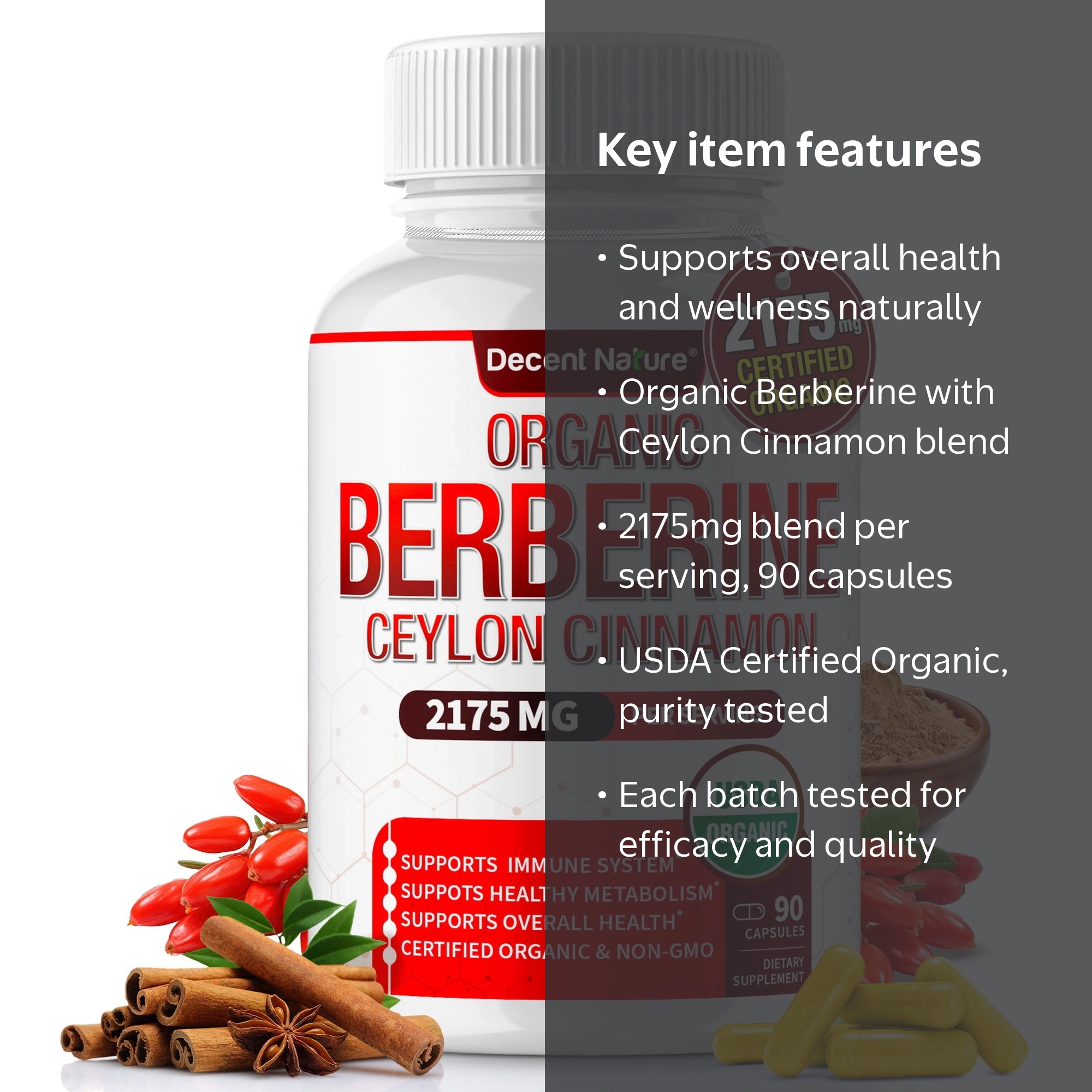 Decent Nature Organic Berberine with Ceylon Cinnamon 2175mg, 90