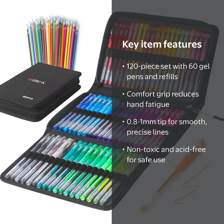 ZSCM, Gel Pens Set, 60 Colors, 60 Refills, Canvas Carry Case