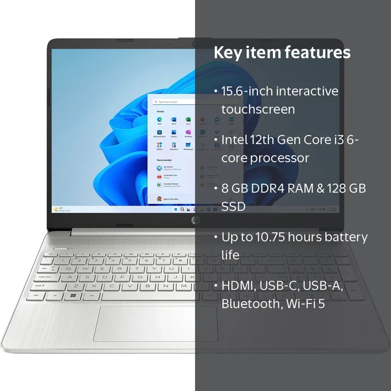 HP 15.6 in Touchscreen Laptop, 12th Gen Core i3, 8 GB, 128 GB SSD