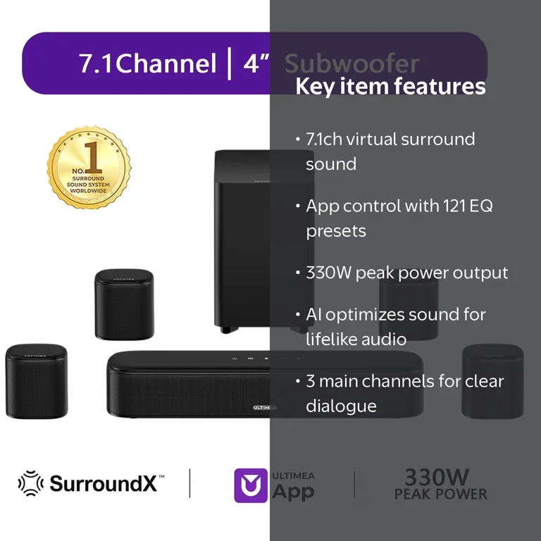 Ultimea 7.1ch Virtual Surround Soundbar, 330W Sound Bar with