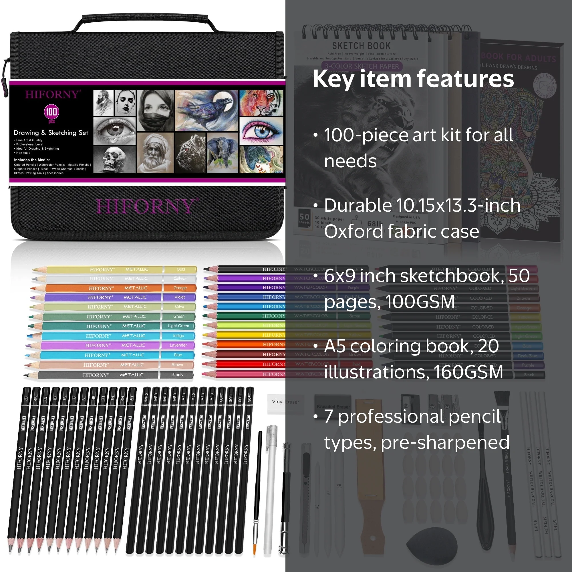 HIFORNY Professional Drawing & Sketching Set, 100 PCS Art Supplies