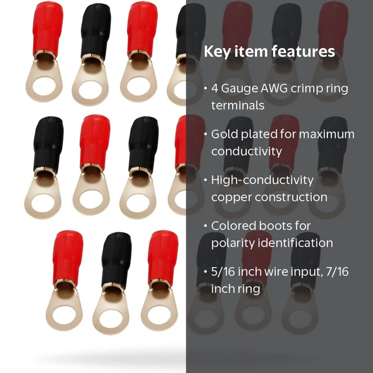 10er-Pack 4 AWG Gold-Ringkabelschuhe – 3/8"-Stud, Rot/schwarz, Isoliert, Von 225FWY