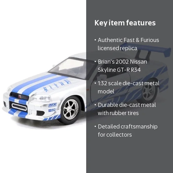 Brian's Fast & Furious Toys: Nissan Skyline GT-R (R34) Silver with