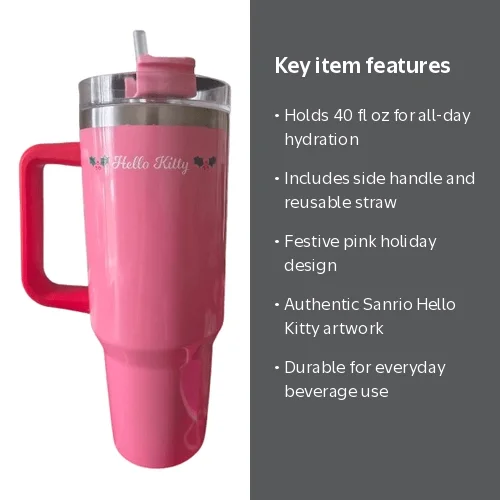 Hello Kitty 40 oz Tumbler with Handle and Straw, Pink Holiday