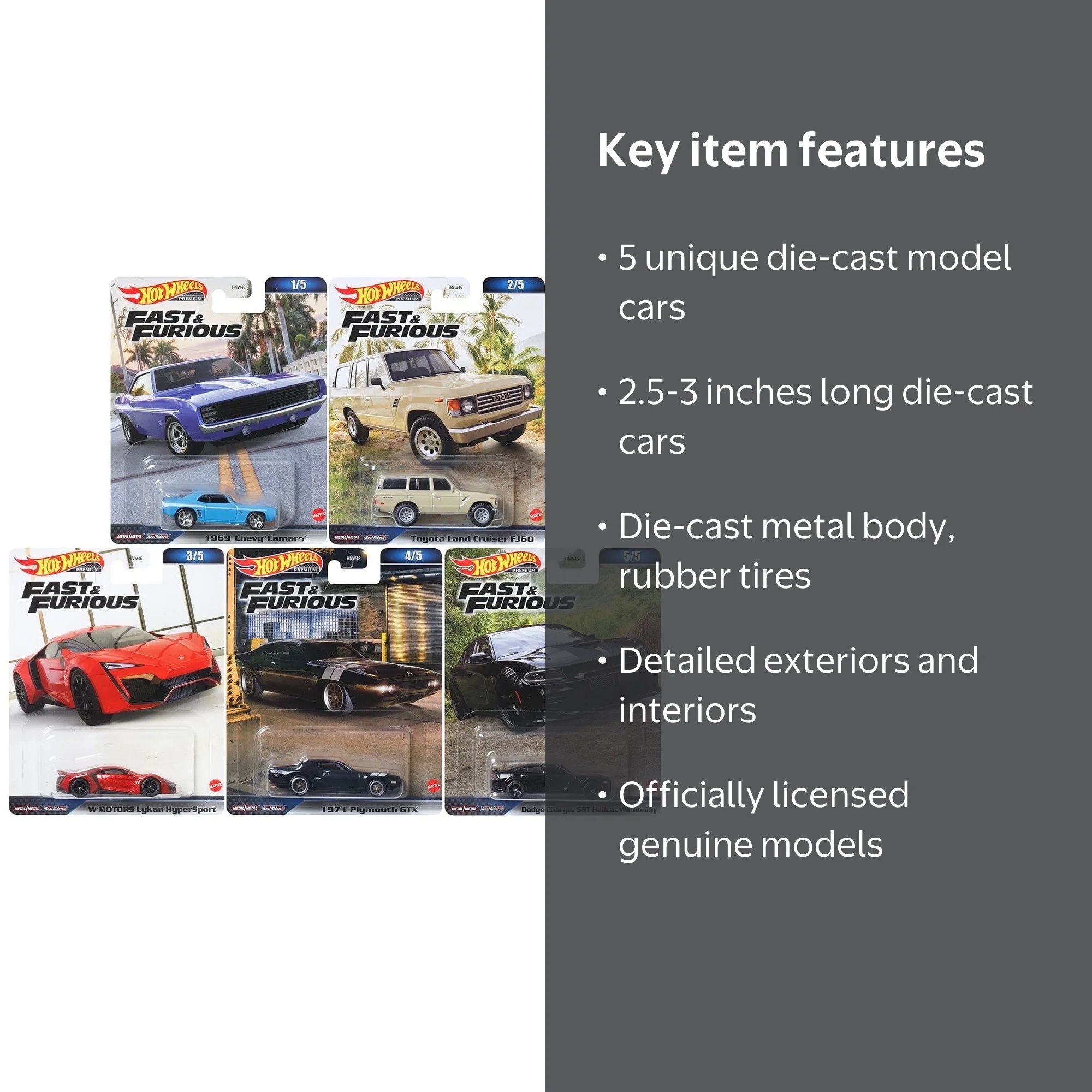 Hot Wheels, Fast Furious Premium Set of 5, 1/64 Diecast Cars