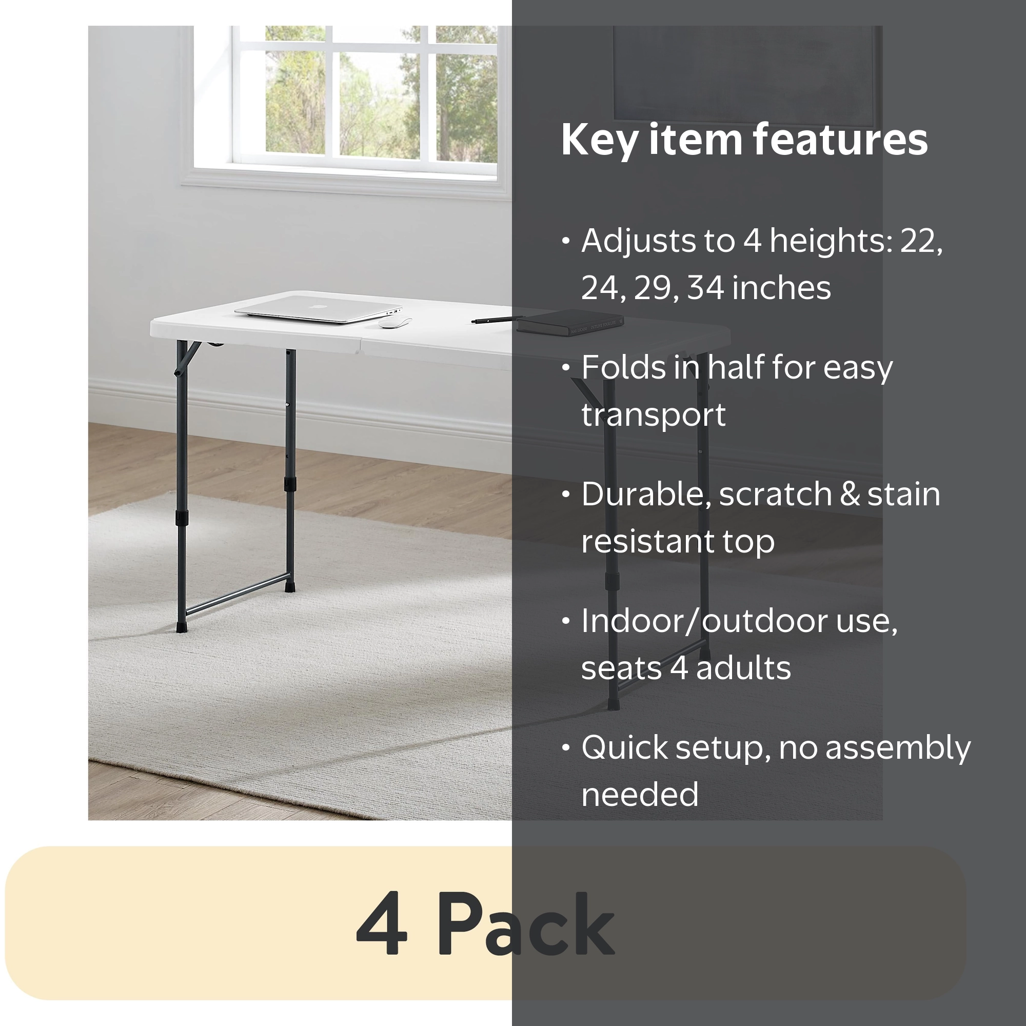 Mainstays 4-Foot Adjustable Folding Table, White, Indoor Outdoor