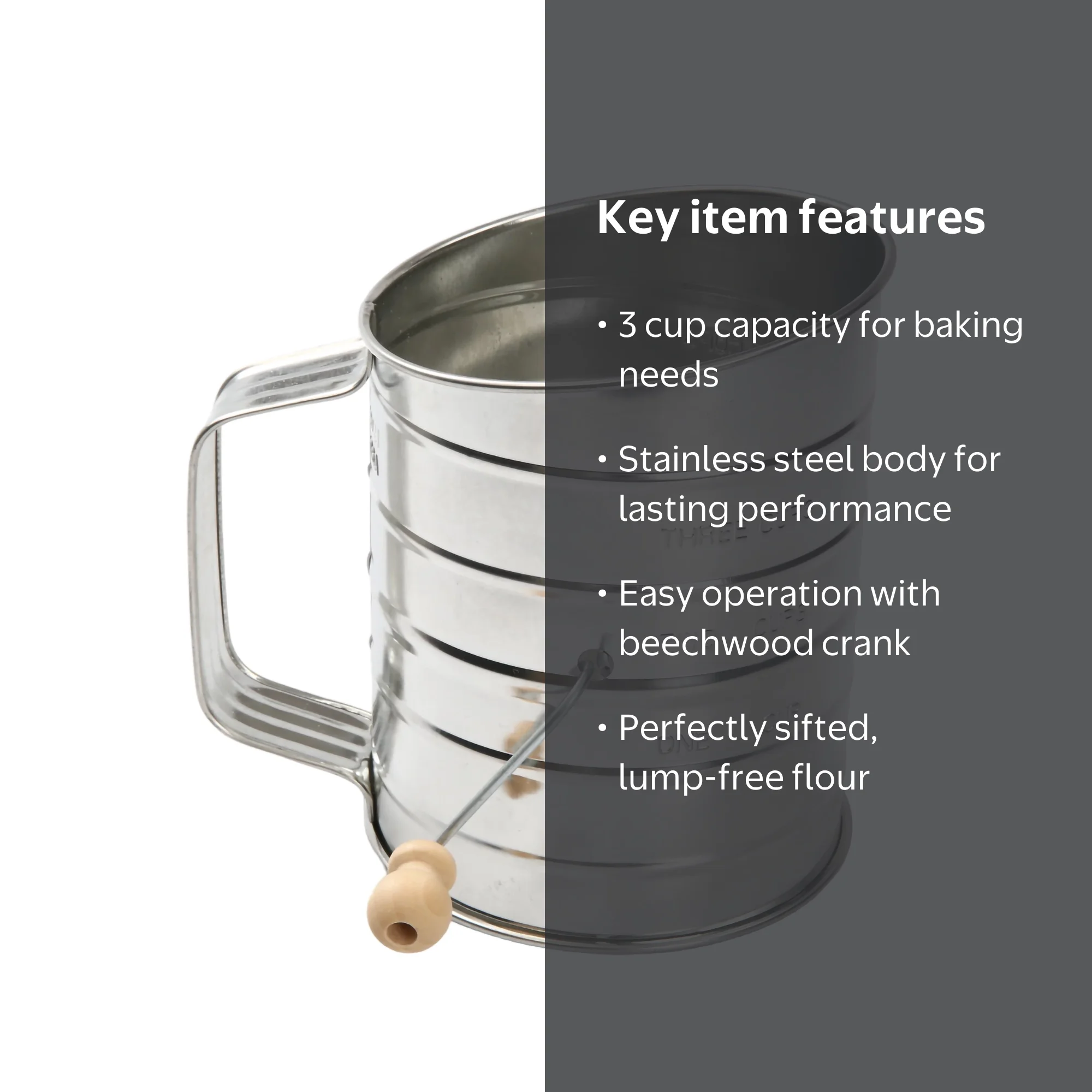 Mainstays Stainless Steel 3 Cup Flour Sifter with Beechwood Handle