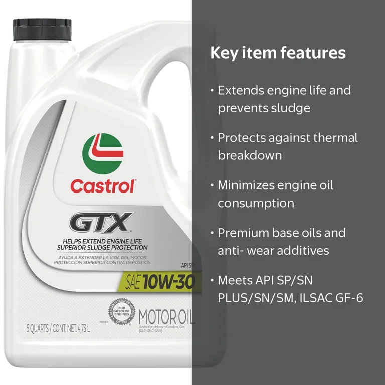 Castrol GTX 10W-30 Engine Oil, Premium Conventional Motor Oil, 5