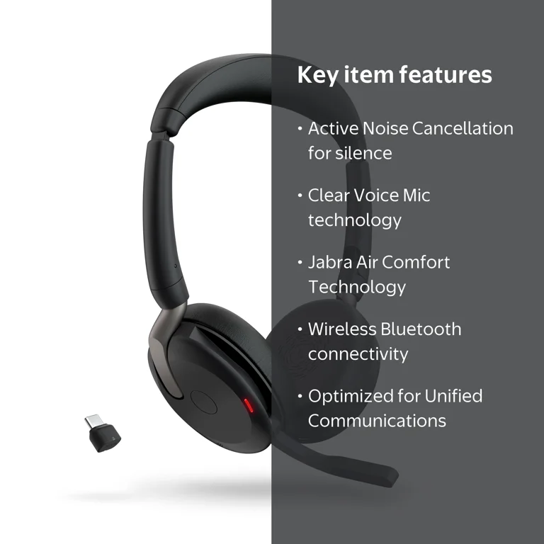 Jabra Evolve2 65 Flex Black Wireless Bluetooth Headset, Link 380c