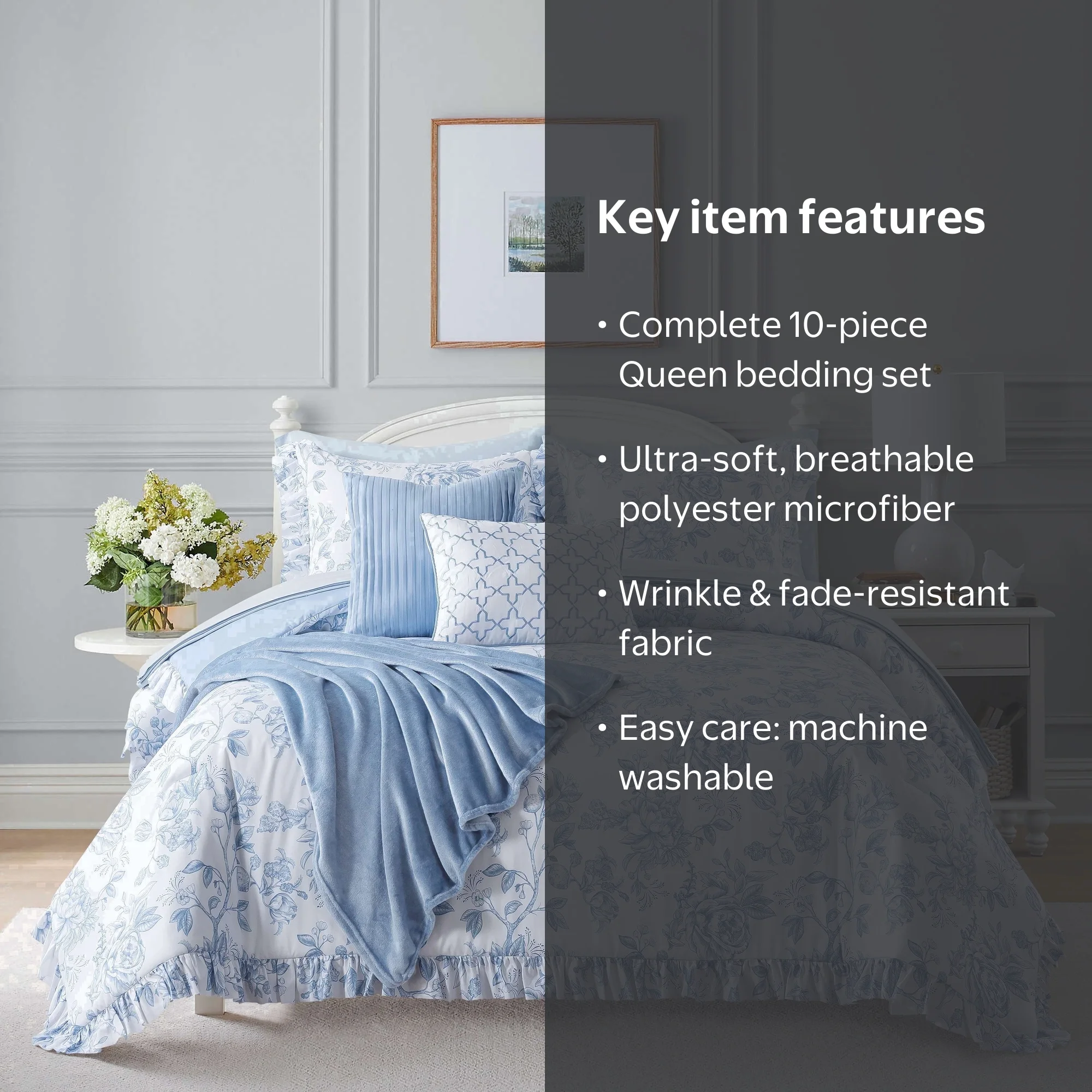 NSH by New Sega Home Annabelle 10-Piece Blue Comforter Set, Queen