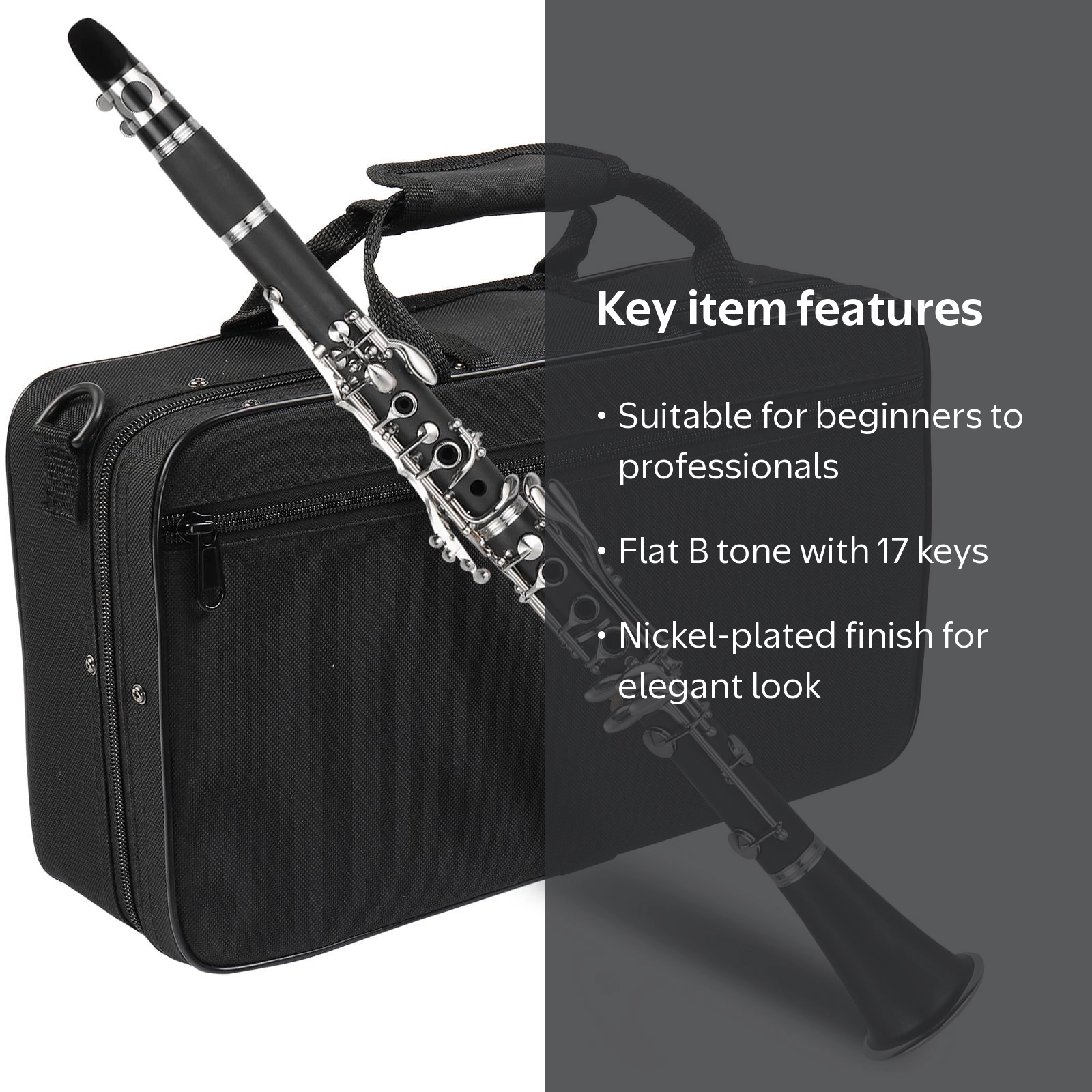 Ktaxon, Nickel-plated Bakelite Black Student Bb Clarinet, 17 keys
