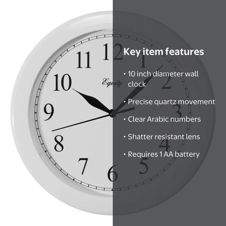 Equity, Wall Clock, 10 Inch, White Quartz Analog, Modern Style