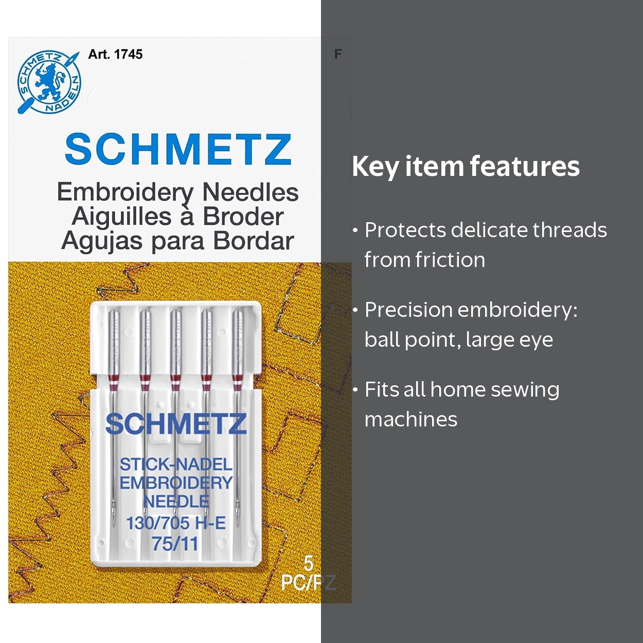SCHMETZ, Embroidery Sewing Machine Needles, 75/11, 5ct - Walmart.com