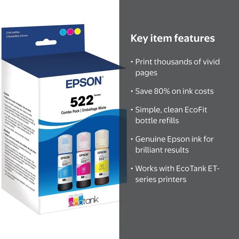 Epson 522 EcoTank Ink T522520-S Ultra-high Capacity Bottle Combo