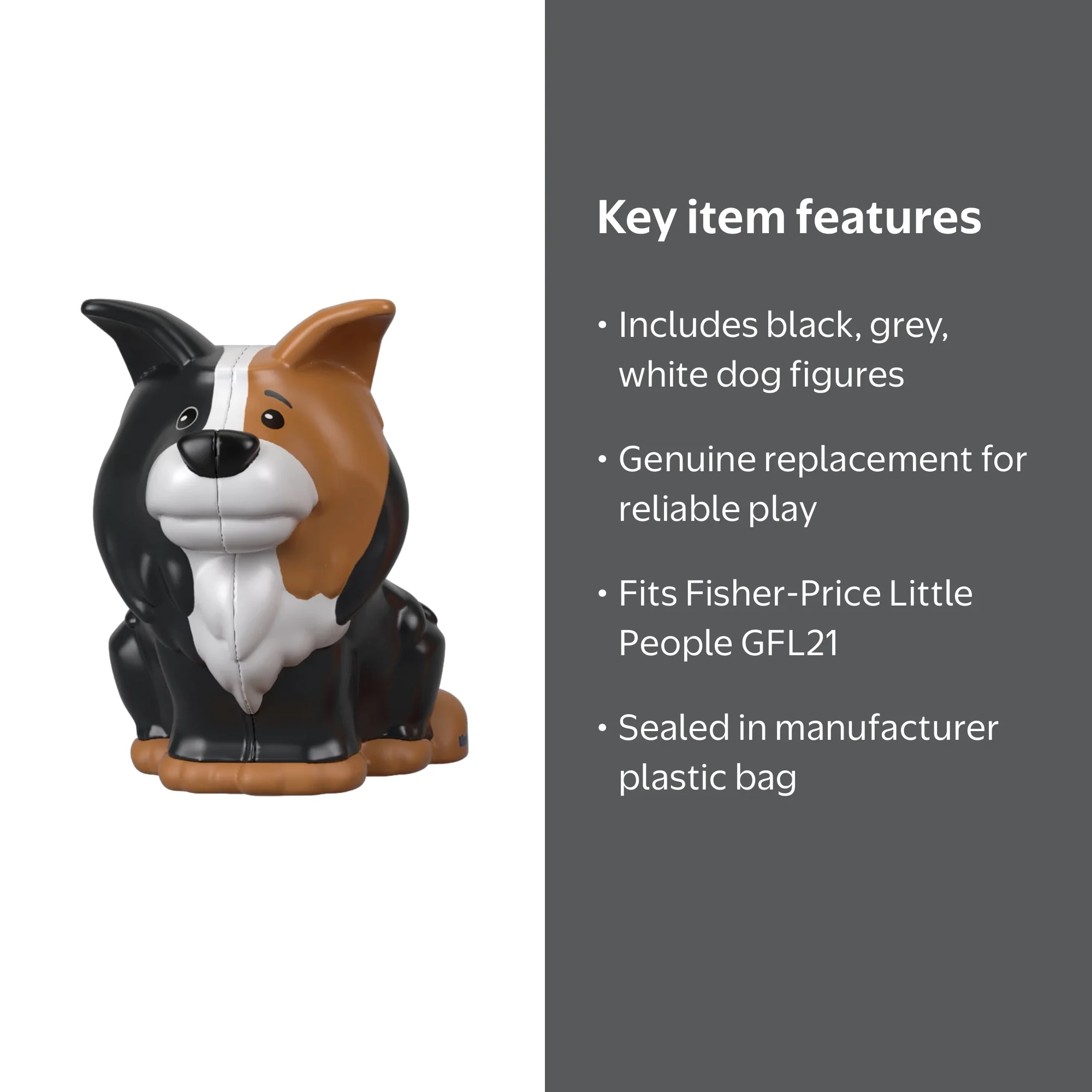 Little People Replacement Dog Figure, Black Grey White, for Farm