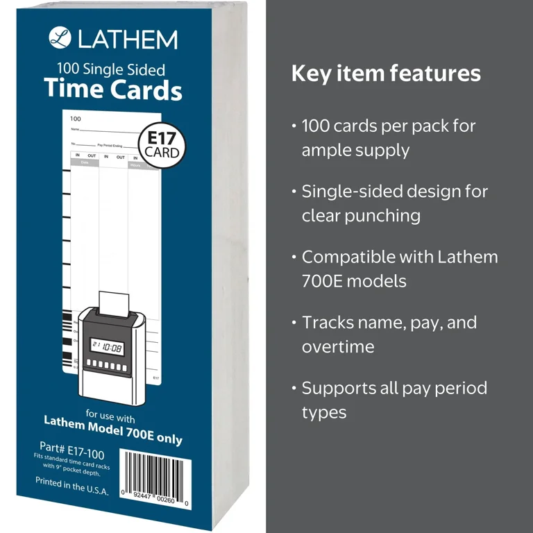 Lathem, Single Sided Time Cards, LTHE17100, 700E Model, White