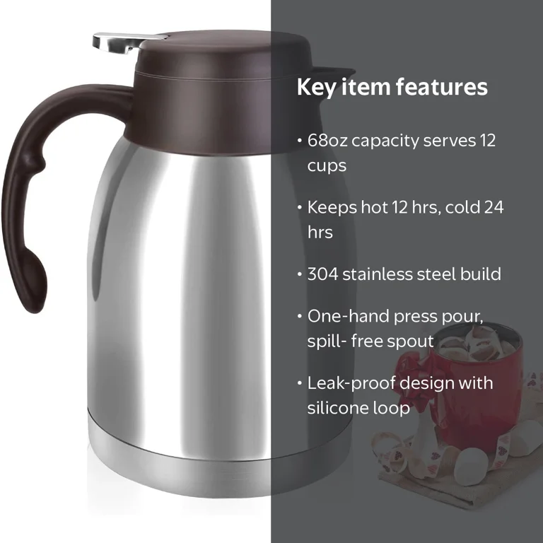 SSAWCasa Thermal Coffee Carafe, 68oz, Stainless Steel, Double Wall