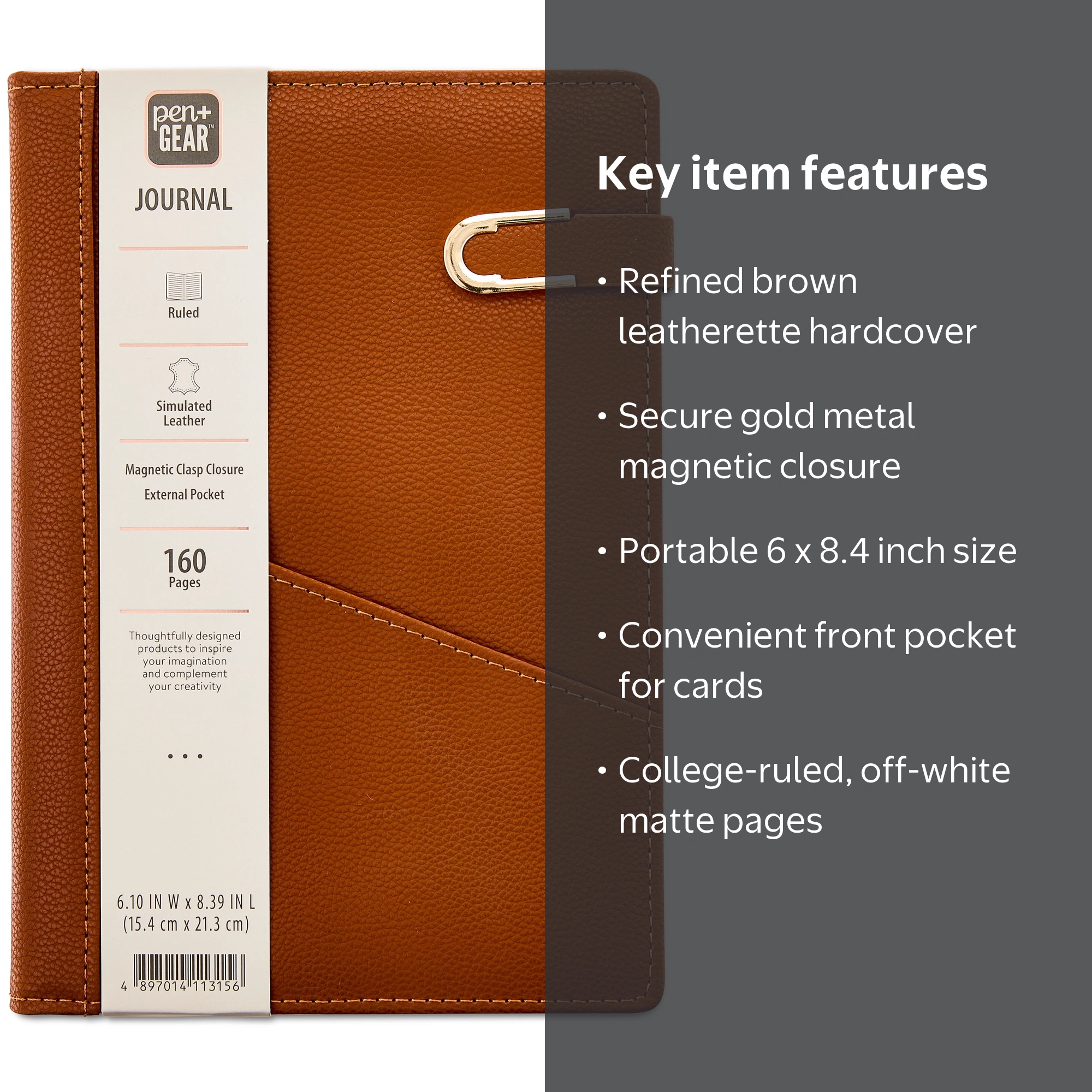Pen+Gear Upscale Leatherette Journal, Brown, Magnetic Gold Metal