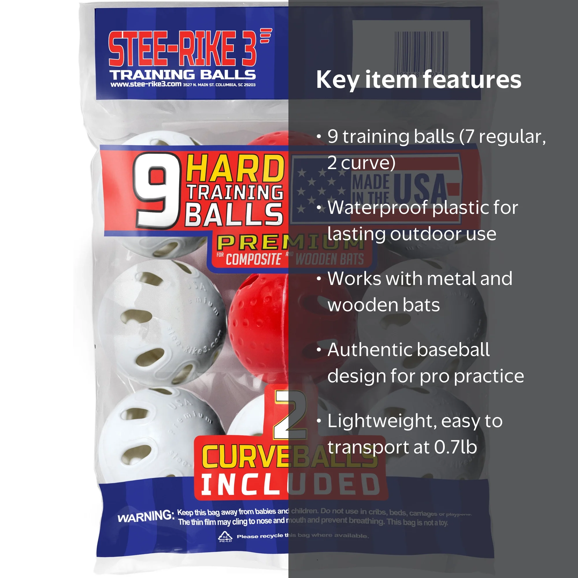 Stee-Rike 3 Premium Plastic Hard Training Baseballs, White & Red