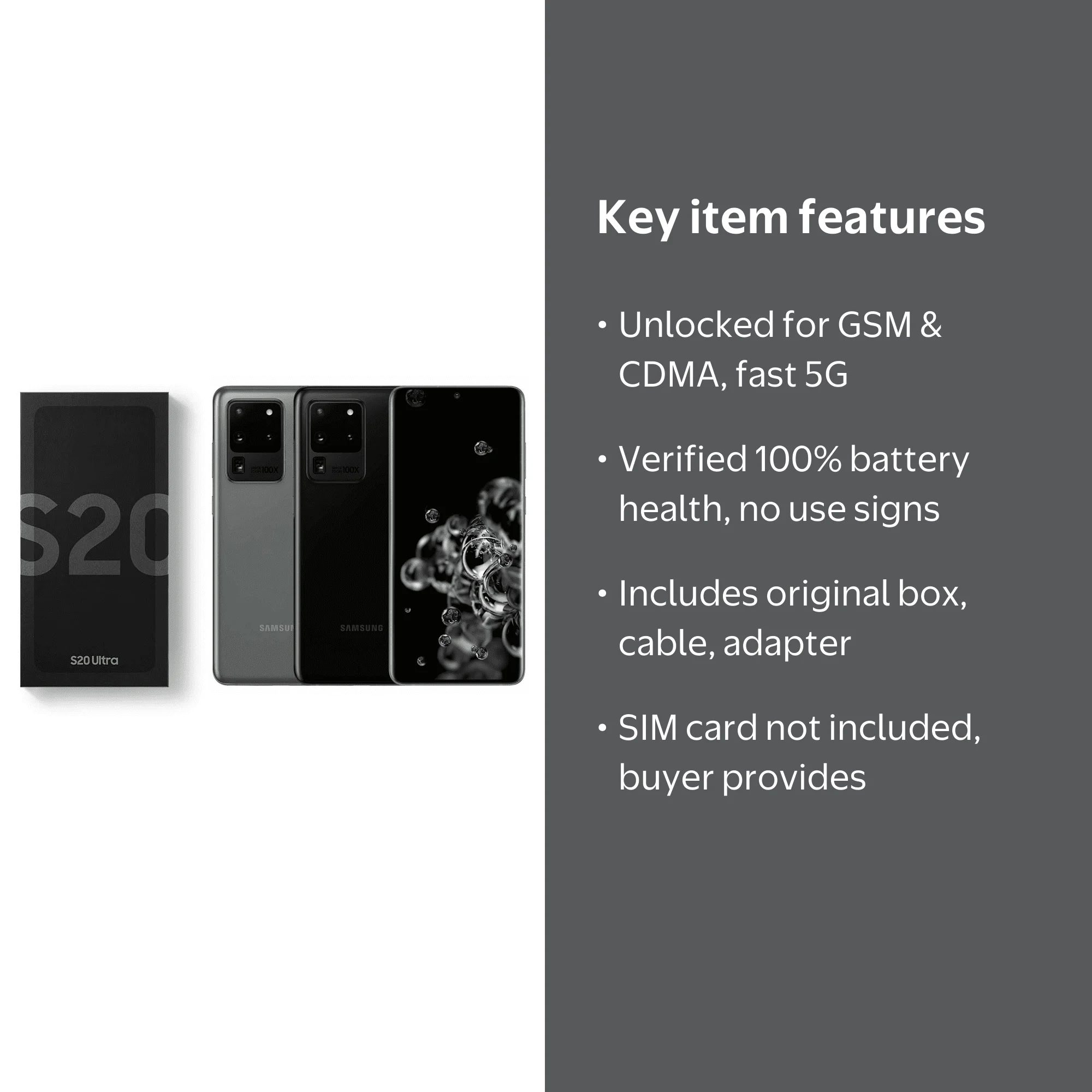 Samsung Galaxy S20 Ultra 5G, Fully Factory Unlocked, 128GB, Retail