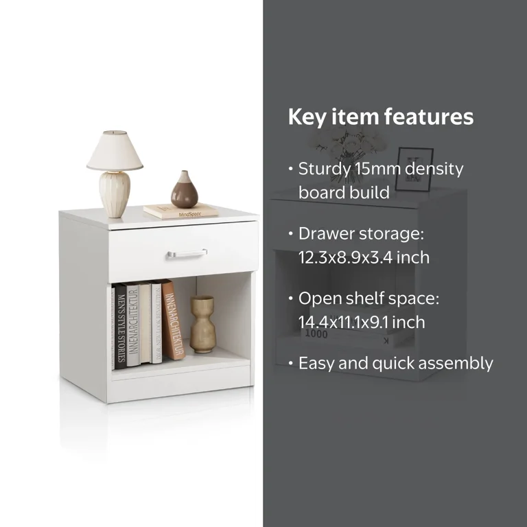 Zimtown White Pair of Night Stands, 15mm Density Board, 1 Drawer