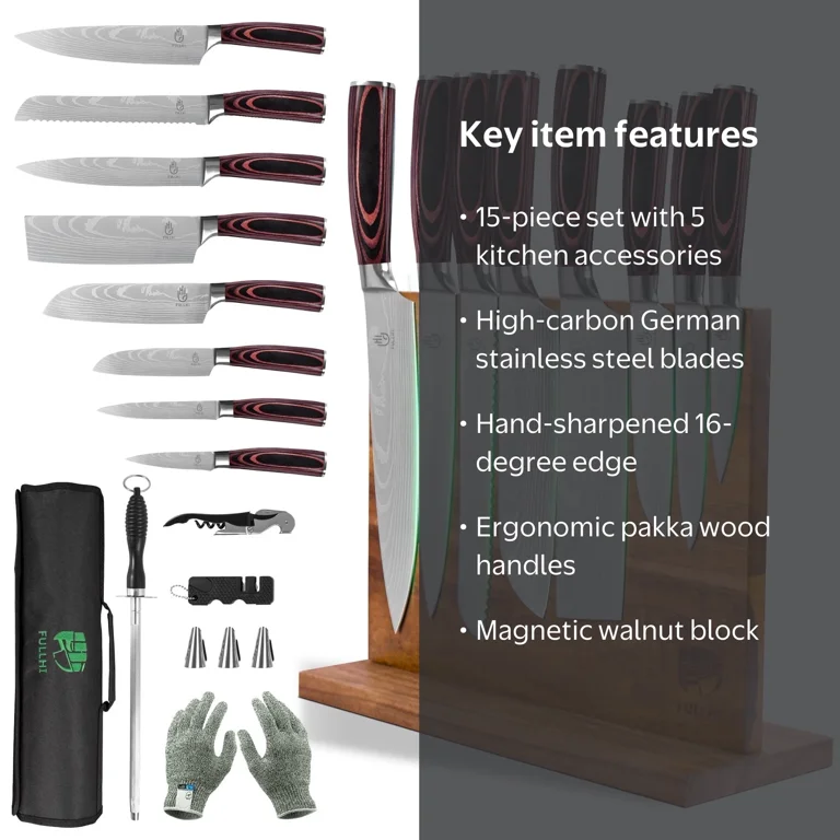XYJ, Japanese Knife Block Set, 15pcs, Magnetic Holder, Brown