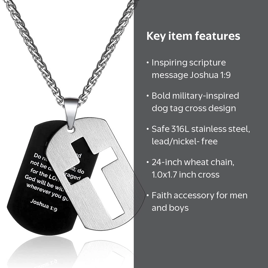 APSVO Stainless Steel Dog Tag Cross Necklace for Men with Bible
